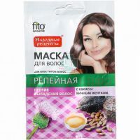 Маска косметическая НАРОДНЫЕ РЕЦЕПТЫ Репейная д/волос п/выпадения Какао и яич. желток 30мл Фитокосметик/Россия