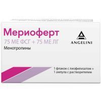 Мериоферт фл.(лиоф. д/приг. р-ра д/в/м и подкожн. введ.) 75МЕ ФСГ+75МЕ ЛГ + р-ль IBSA Institut Biochimique S.A./Швейцария