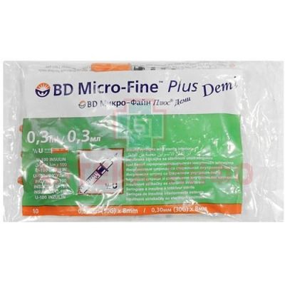 Шприц инсулиновый Micro-Fine + Demi (Деми) с иглой 0,3мл U-100 30G (0,30х8мм) №10 Becton Dickinson/США